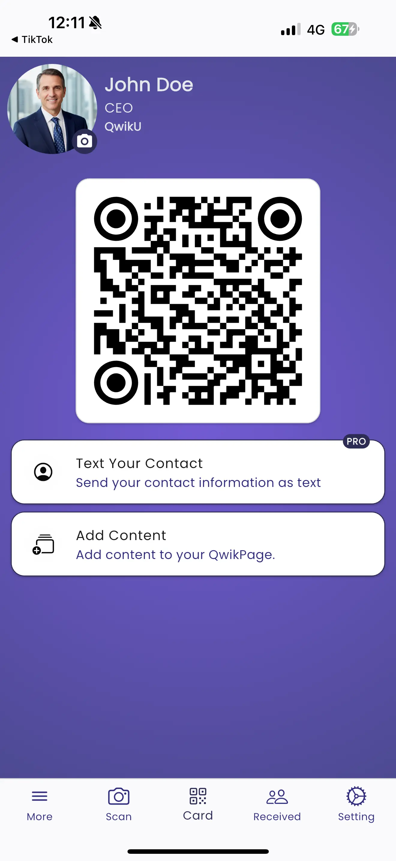 QwikU app preview with profile and QR code